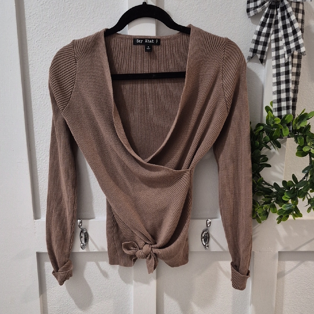 Say What? Brown V-Neck Sweater with Tie Front